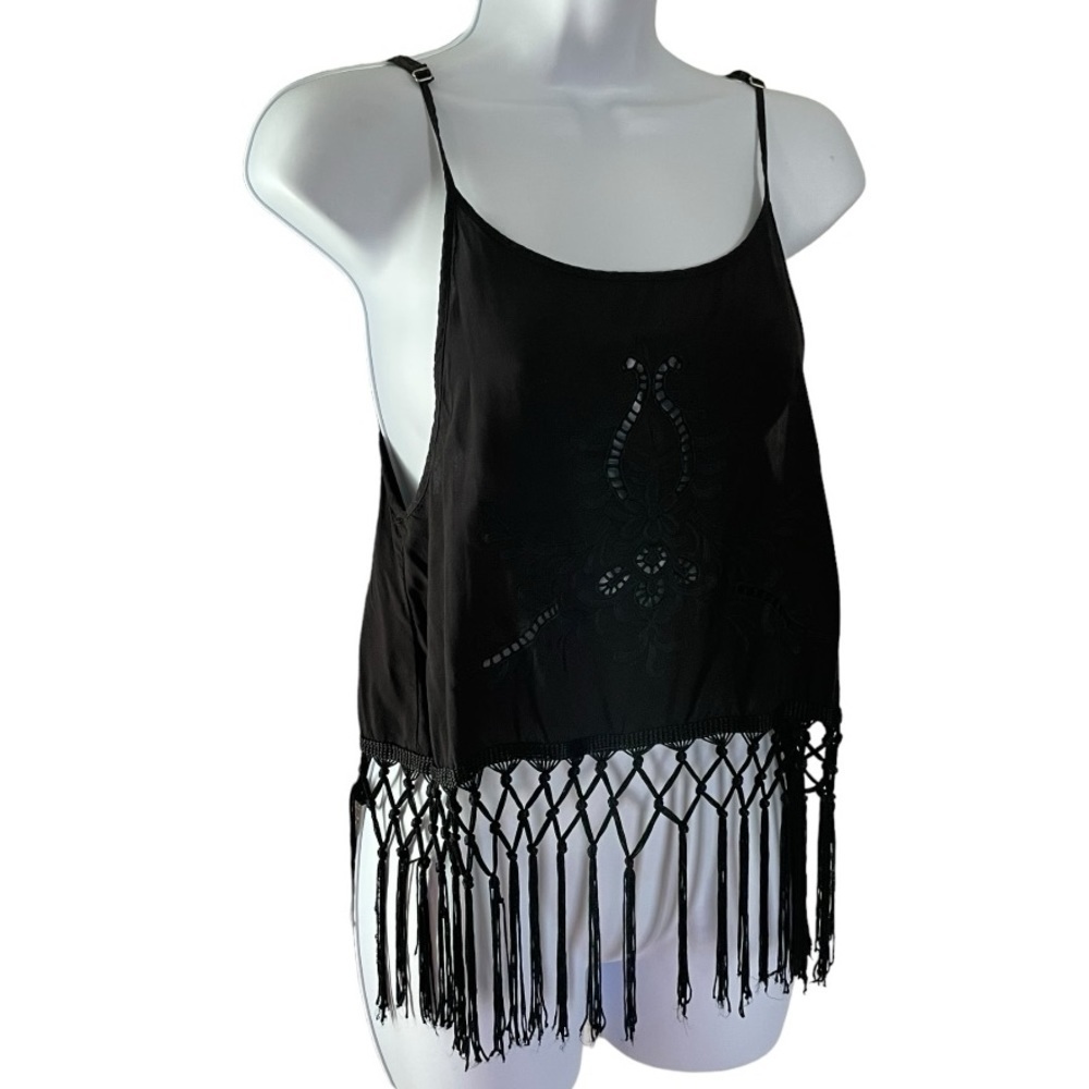 Solemio Black Cropped Tank Top Cami w/ Fringe and Embroidery Cut out Size Small